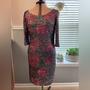 Kay Unger sequin cocktail dress detailed with feminine floral prints; size 16